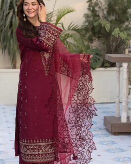 Zareen 3PC Embroidered Lawn Dress with Organza Dupatta